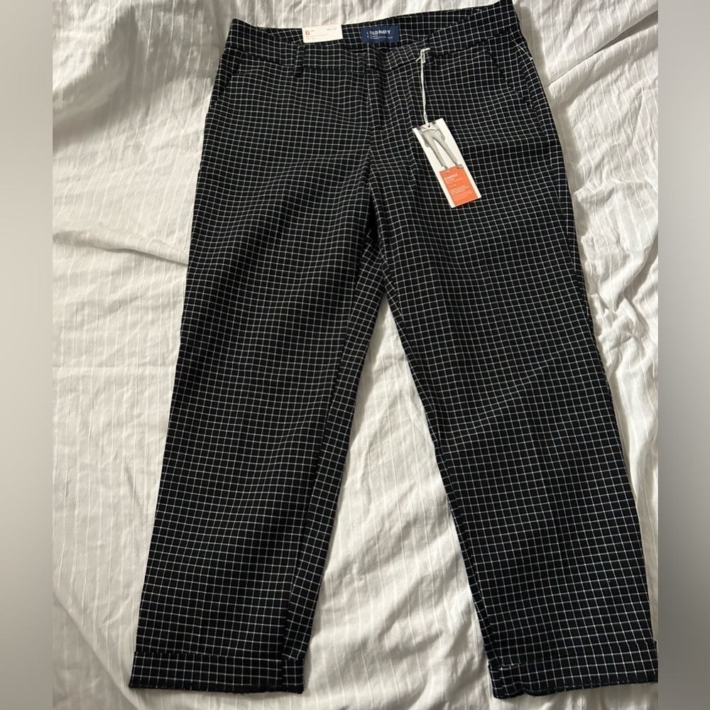 Womens Old Navy Harper Mid Rise Black White Plaid Cuffed Pants Size 6R